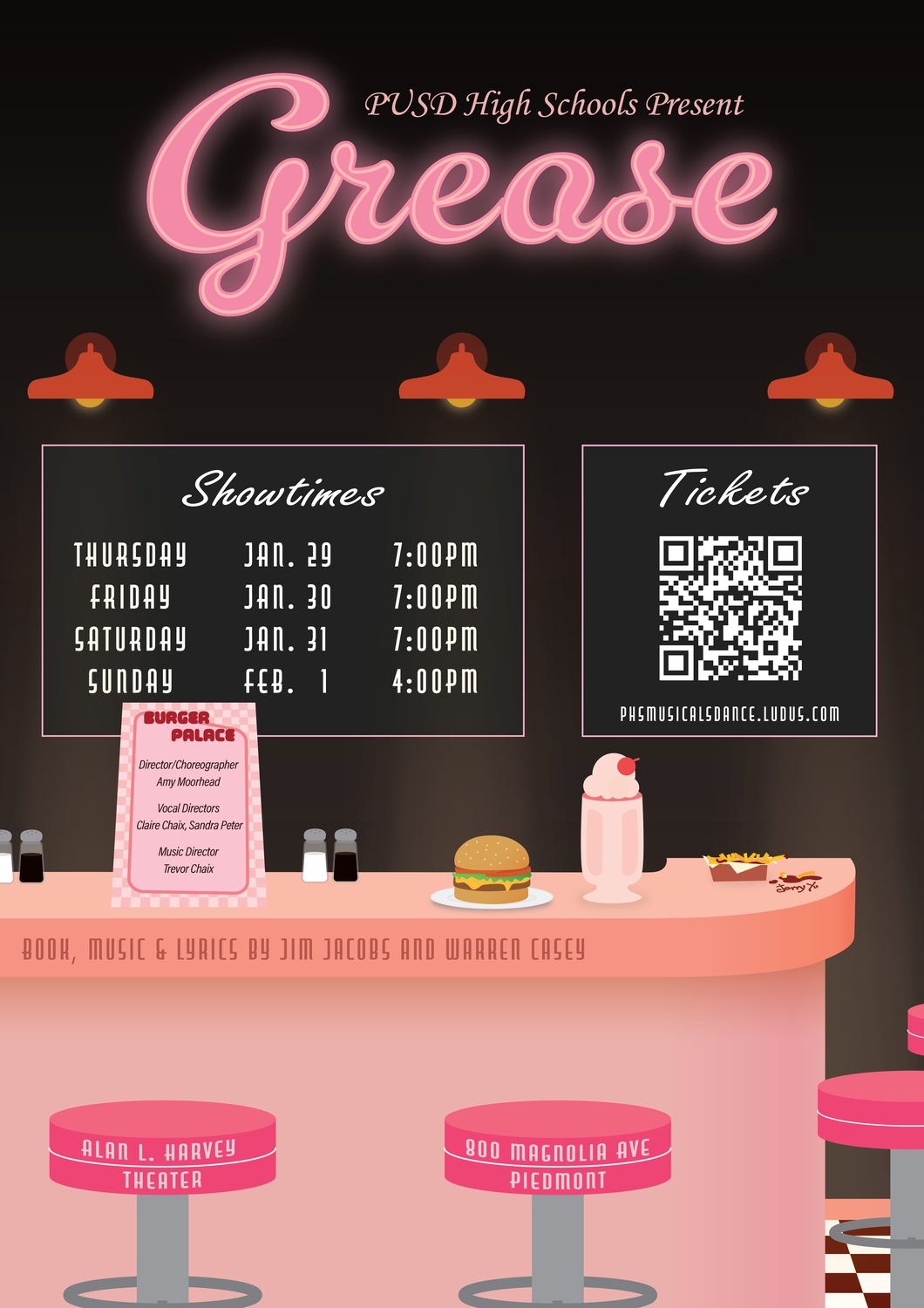 Pink neon Grease poster set at a diner counter with showtimes and ticket QR code