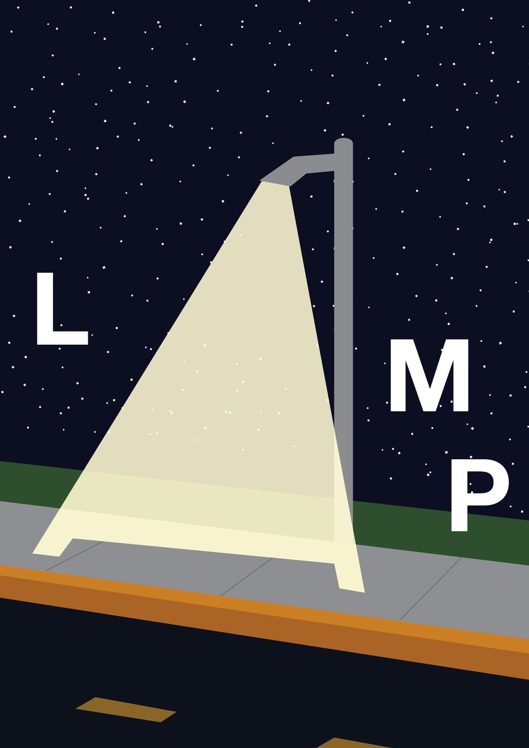 Night street with a streetlamp whose light cone forms the letter A between L, M and P