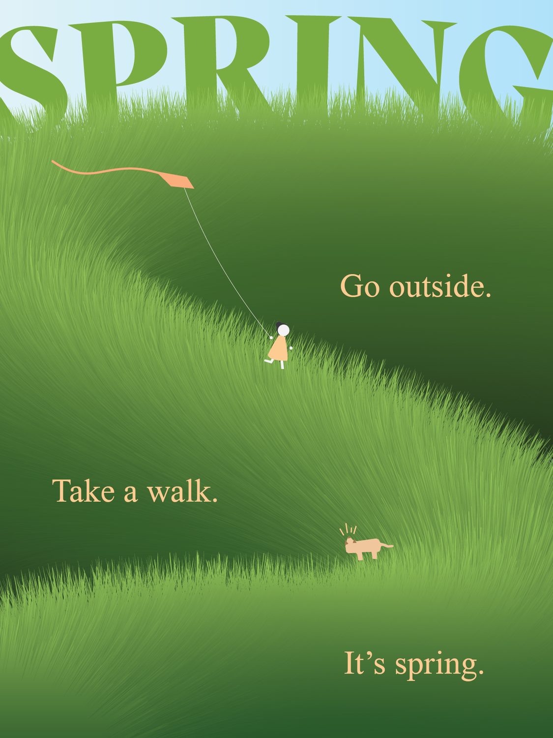 Green hills of grass with the word SPRING emerging from them and a child flying a kite